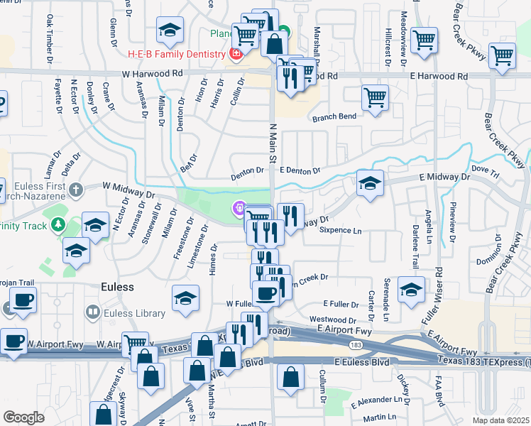 map of restaurants, bars, coffee shops, grocery stores, and more near in Euless