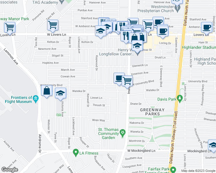 map of restaurants, bars, coffee shops, grocery stores, and more near 5042 West University Boulevard in Dallas