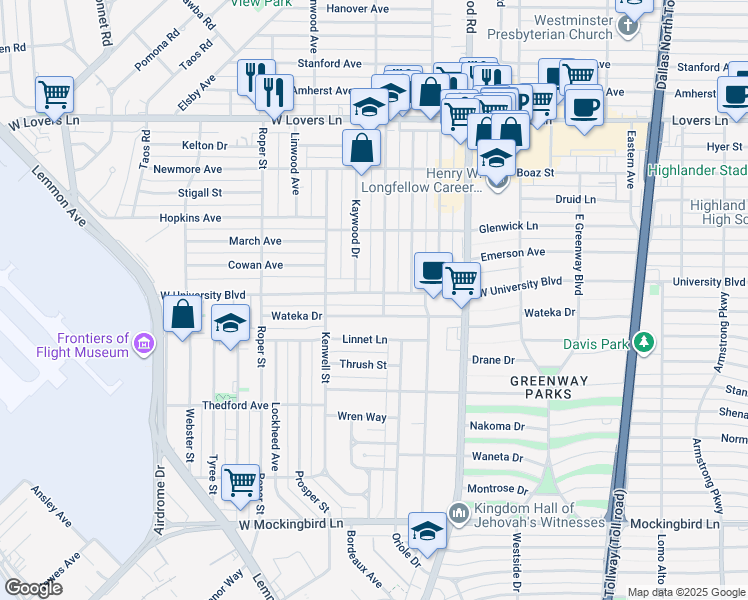 map of restaurants, bars, coffee shops, grocery stores, and more near 5024 Wateka Drive in Dallas