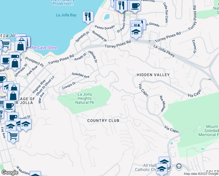 map of restaurants, bars, coffee shops, grocery stores, and more near 7530 Hillside Drive in San Diego