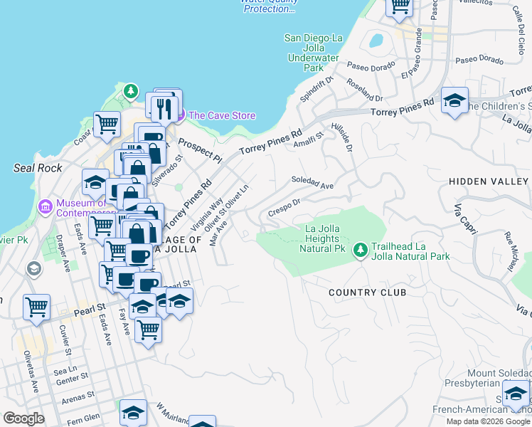 map of restaurants, bars, coffee shops, grocery stores, and more near 1586 Crespo Drive in San Diego