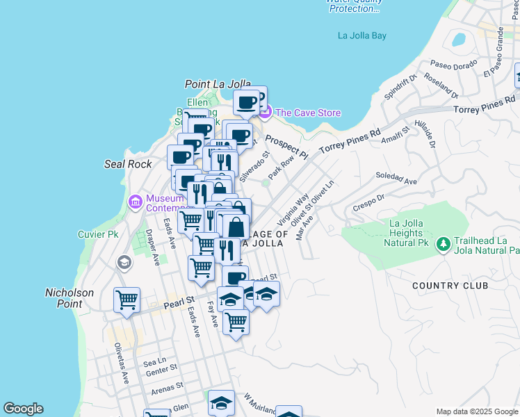 map of restaurants, bars, coffee shops, grocery stores, and more near 1249 Bluebird Lane in San Diego