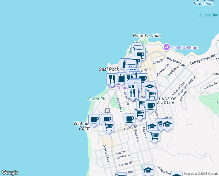 map of restaurants, bars, coffee shops, grocery stores, and more near 555 Coast Boulevard South in San Diego