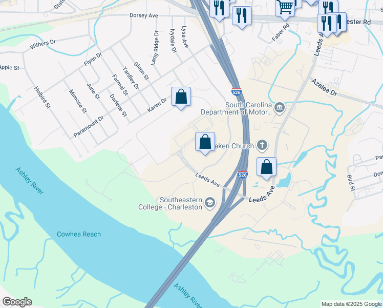 map of restaurants, bars, coffee shops, grocery stores, and more near 4500 Leeds Ave in North Charleston