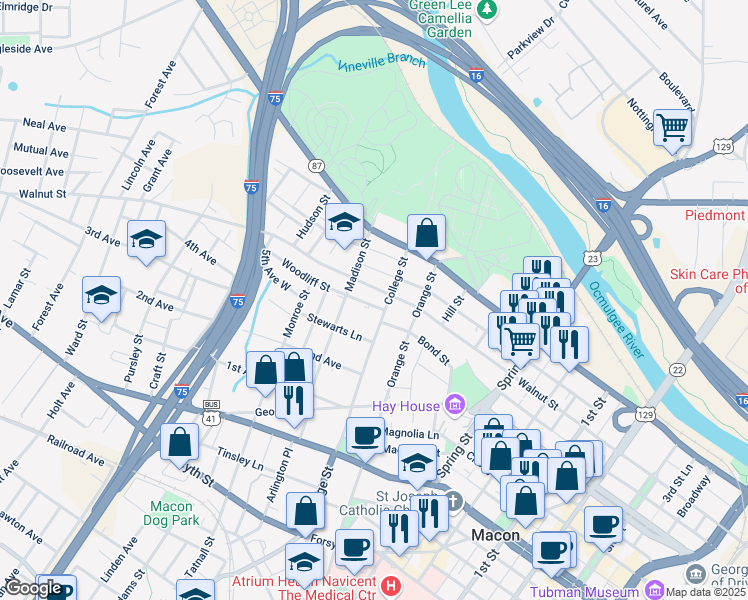 map of restaurants, bars, coffee shops, grocery stores, and more near 232 College Street in Macon
