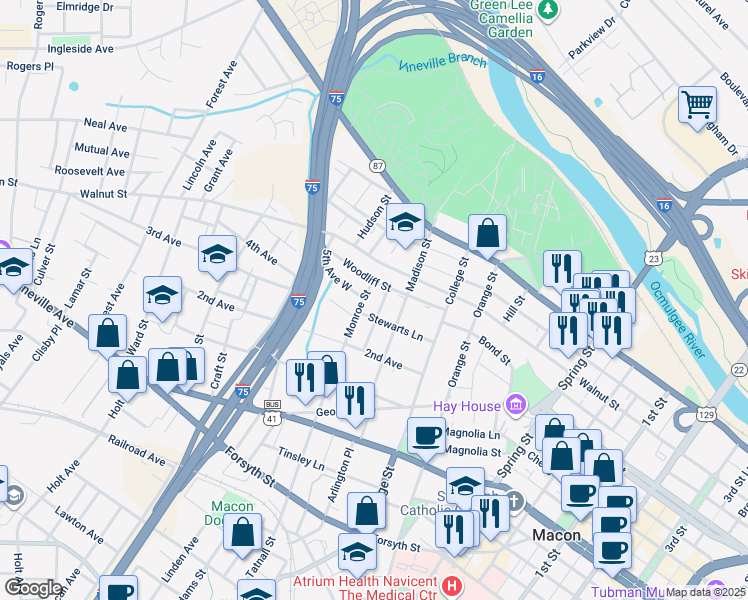map of restaurants, bars, coffee shops, grocery stores, and more near 315 Singleton Street in Macon