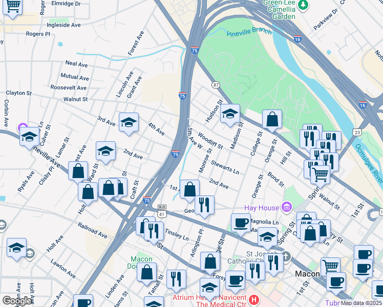 map of restaurants, bars, coffee shops, grocery stores, and more near 1442 4th Avenue in Macon