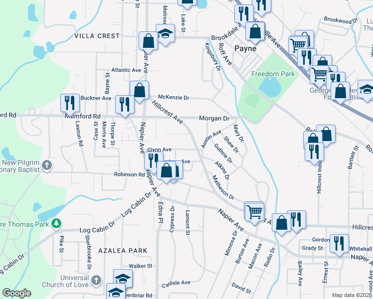 map of restaurants, bars, coffee shops, grocery stores, and more near 3435 Habersham Avenue in Macon