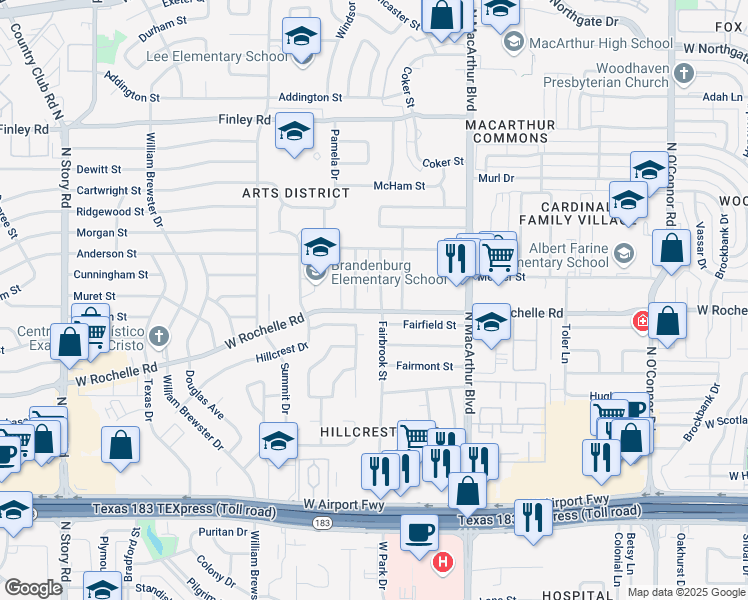 map of restaurants, bars, coffee shops, grocery stores, and more near 2725 Fairbrook Street in Irving