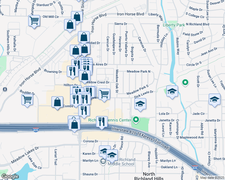 map of restaurants, bars, coffee shops, grocery stores, and more near 5501 Lewis Court in North Richland Hills