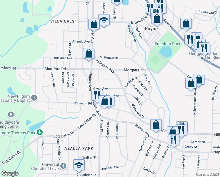 map of restaurants, bars, coffee shops, grocery stores, and more near 3457 Chattahoochee Avenue in Macon