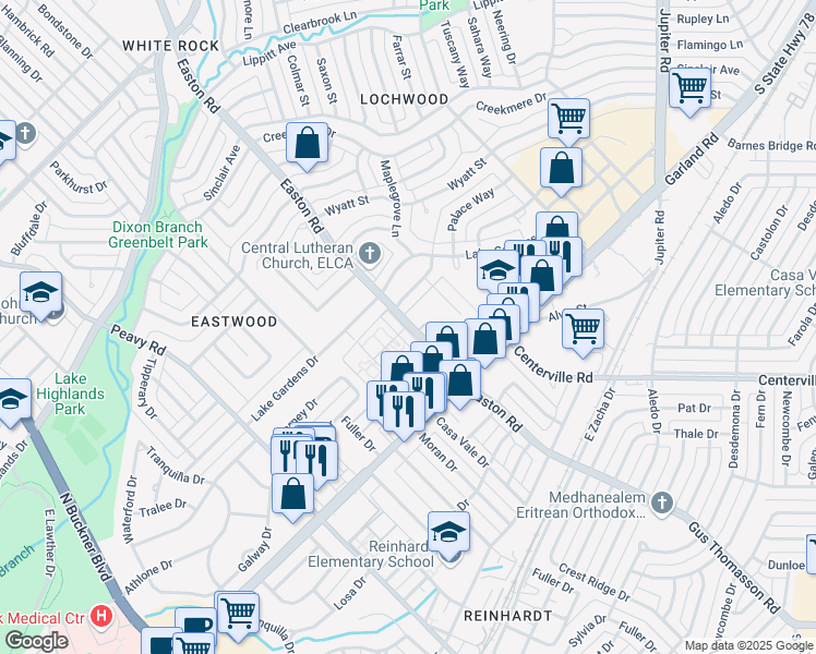 map of restaurants, bars, coffee shops, grocery stores, and more near 10534 Lone Tree Lane in Dallas