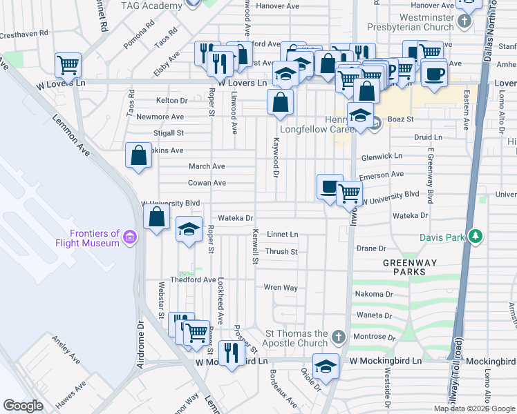 map of restaurants, bars, coffee shops, grocery stores, and more near 4922 Wateka Drive in Dallas