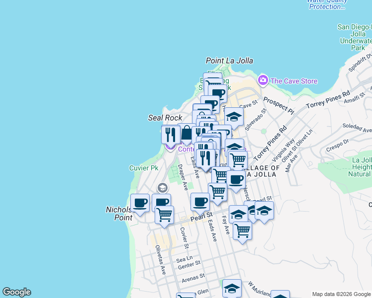 map of restaurants, bars, coffee shops, grocery stores, and more near 715 Silverado Street in San Diego
