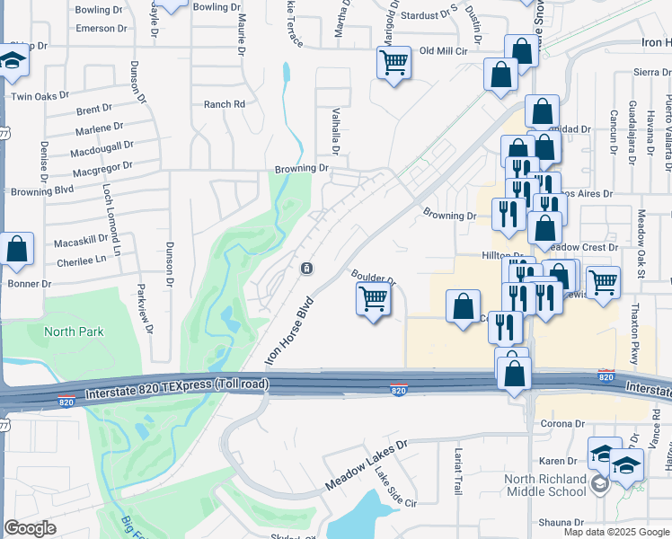 map of restaurants, bars, coffee shops, grocery stores, and more near 6390 Industrial Park Boulevard in Fort Worth