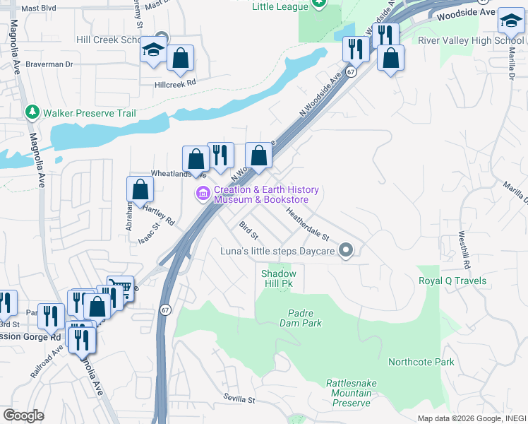 map of restaurants, bars, coffee shops, grocery stores, and more near 9254 Fairlawn Street in Santee