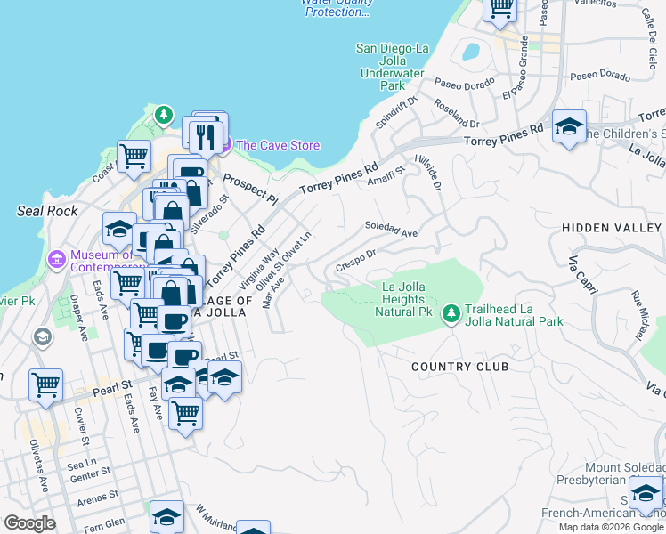 map of restaurants, bars, coffee shops, grocery stores, and more near 1586 Crespo Drive in San Diego