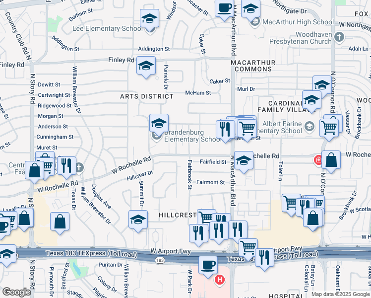 map of restaurants, bars, coffee shops, grocery stores, and more near 2725 Fairbrook Street in Irving