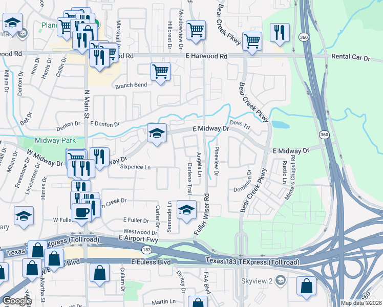 map of restaurants, bars, coffee shops, grocery stores, and more near 601 Carol Way in Euless