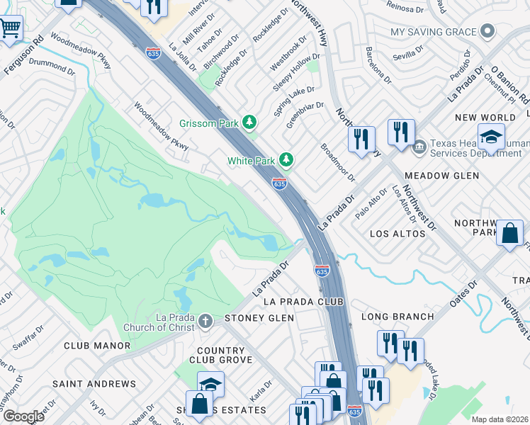 map of restaurants, bars, coffee shops, grocery stores, and more near 10700 Woodmeadow Parkway in Dallas