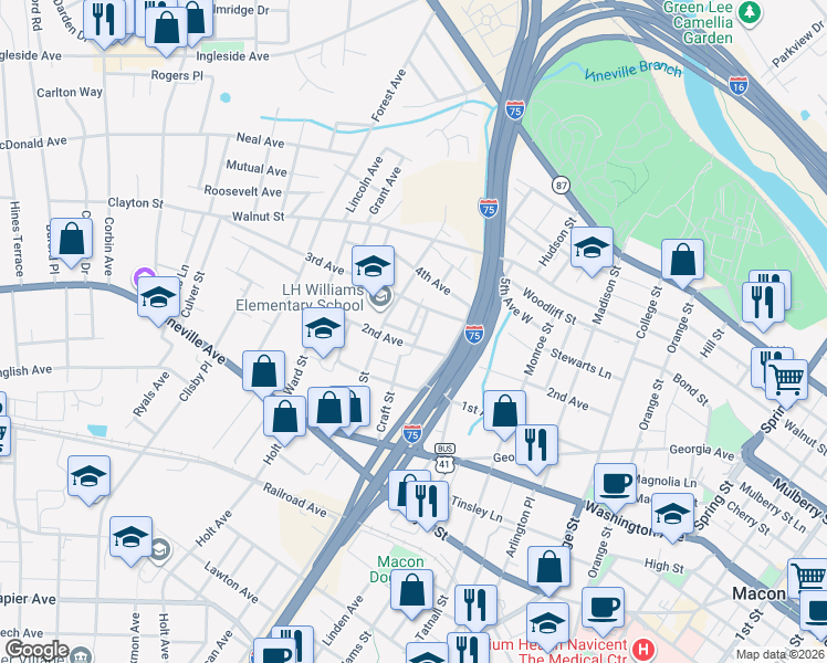 map of restaurants, bars, coffee shops, grocery stores, and more near 310 Pursley Street in Macon