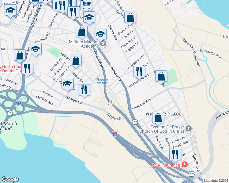 map of restaurants, bars, coffee shops, grocery stores, and more near 2023 Saint Francis Street in North Charleston
