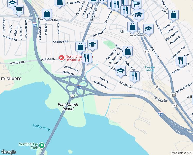 map of restaurants, bars, coffee shops, grocery stores, and more near 3119 Azalea Drive in North Charleston