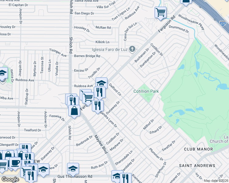 map of restaurants, bars, coffee shops, grocery stores, and more near 3519 Delford Circle in Dallas