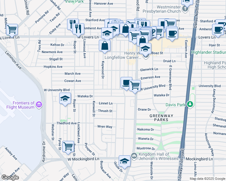 map of restaurants, bars, coffee shops, grocery stores, and more near 5042 West University Boulevard in Dallas