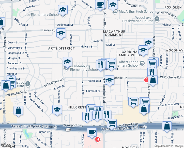 map of restaurants, bars, coffee shops, grocery stores, and more near 2820 Clearbrook Drive in Irving