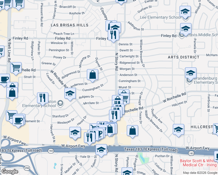 map of restaurants, bars, coffee shops, grocery stores, and more near 2507 Cunningham Street in Irving