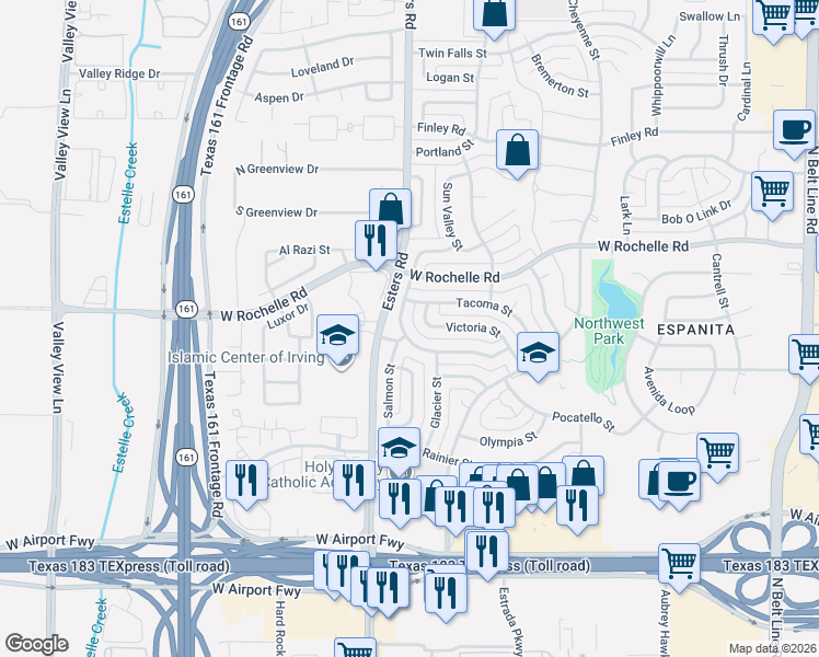 map of restaurants, bars, coffee shops, grocery stores, and more near 2817 Laramie Street in Irving