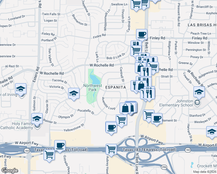map of restaurants, bars, coffee shops, grocery stores, and more near in Irving