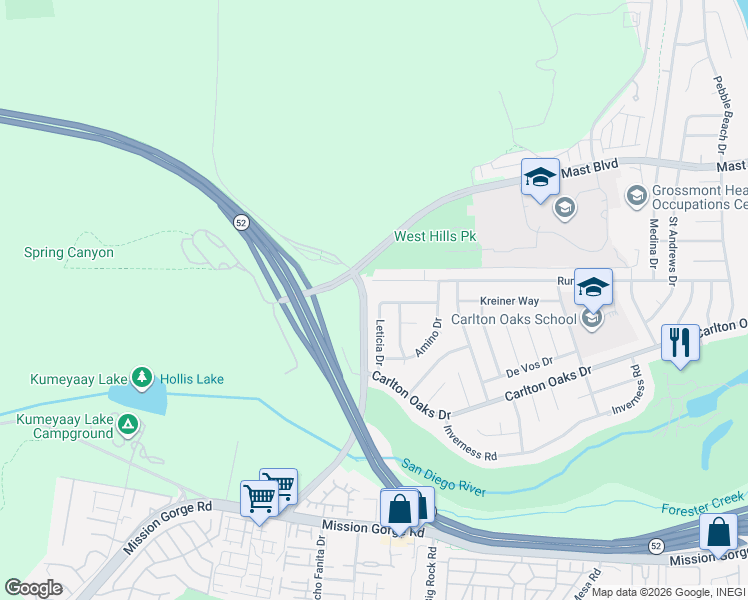 map of restaurants, bars, coffee shops, grocery stores, and more near 8313 Rumson Drive in Santee