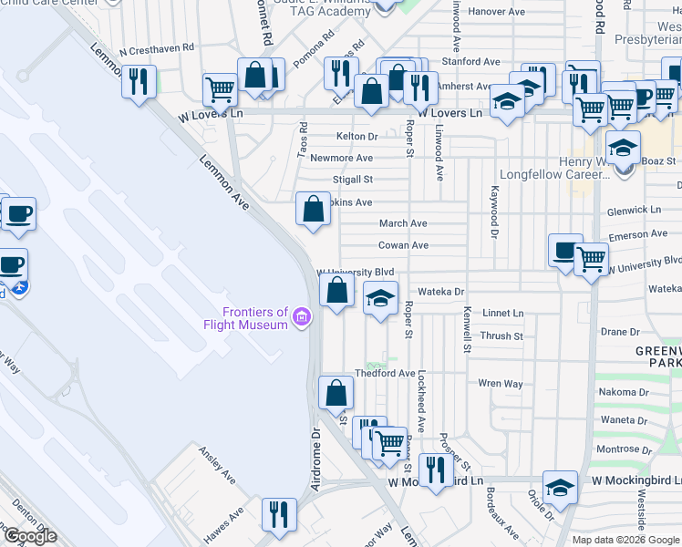 map of restaurants, bars, coffee shops, grocery stores, and more near 7198 Webster Street in Dallas