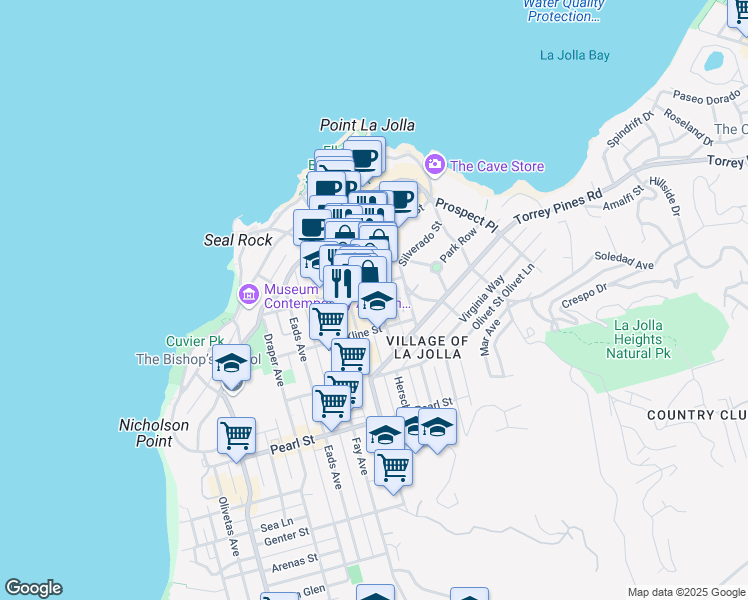 map of restaurants, bars, coffee shops, grocery stores, and more near 7760 Herschel Avenue in San Diego