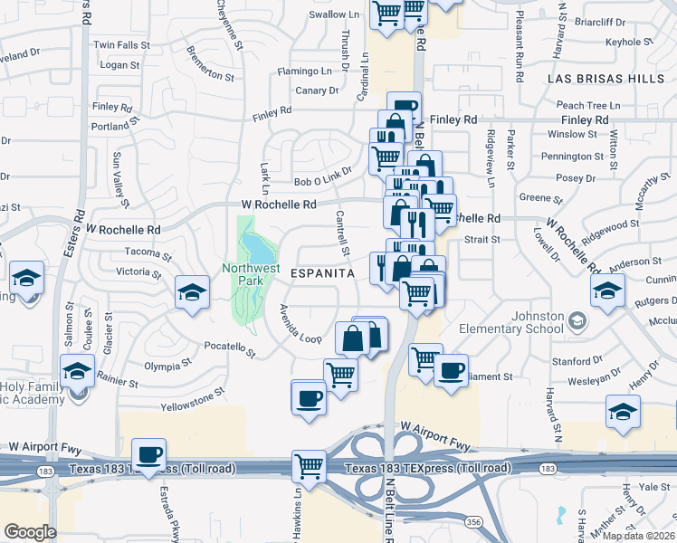 map of restaurants, bars, coffee shops, grocery stores, and more near 3505 Esplendor Avenue in Irving