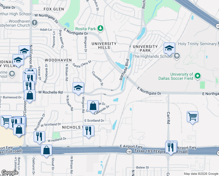 map of restaurants, bars, coffee shops, grocery stores, and more near 3002 East Cortez Court in Irving