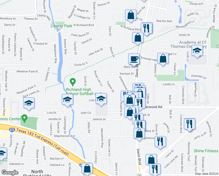 map of restaurants, bars, coffee shops, grocery stores, and more near 5329 Topper Drive in Fort Worth
