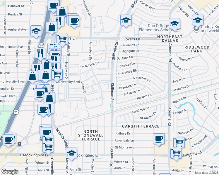 map of restaurants, bars, coffee shops, grocery stores, and more near 4709 Skillman Street in Dallas