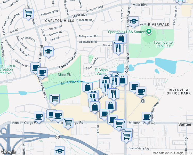 map of restaurants, bars, coffee shops, grocery stores, and more near 173 River Rock Court in Santee
