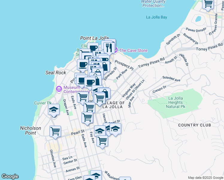 map of restaurants, bars, coffee shops, grocery stores, and more near 1320 Park Row in San Diego