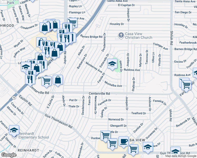 map of restaurants, bars, coffee shops, grocery stores, and more near 10844 Estacado Drive in Dallas