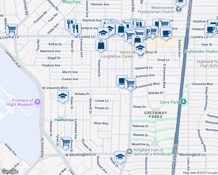 map of restaurants, bars, coffee shops, grocery stores, and more near 5042 West University Boulevard in Dallas