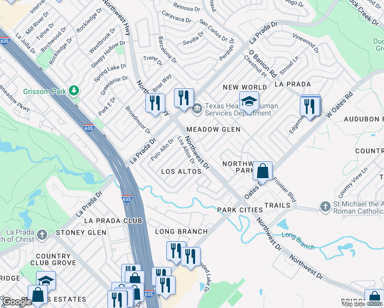 map of restaurants, bars, coffee shops, grocery stores, and more near 1725 Omar Drive in Mesquite
