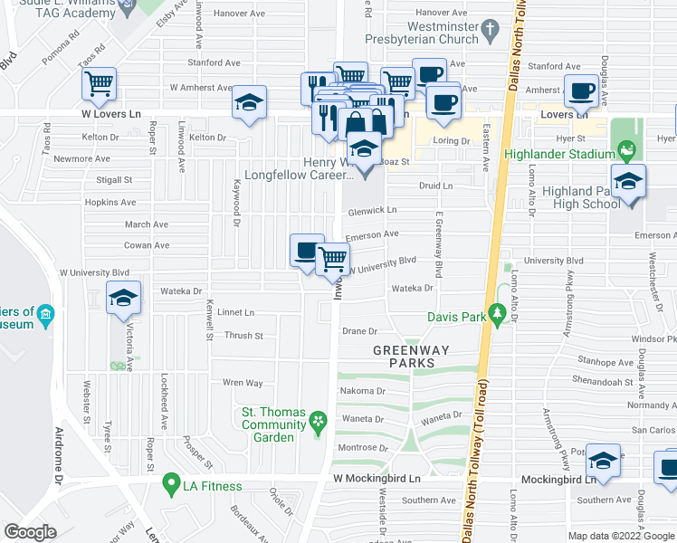 map of restaurants, bars, coffee shops, grocery stores, and more near Inwood Rd & W University Blvd in Dallas