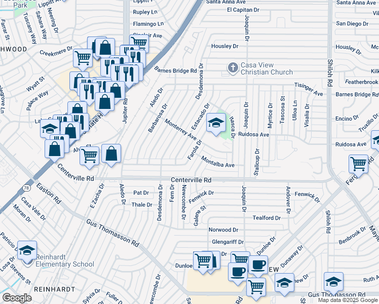 map of restaurants, bars, coffee shops, grocery stores, and more near 10844 Estacado Drive in Dallas