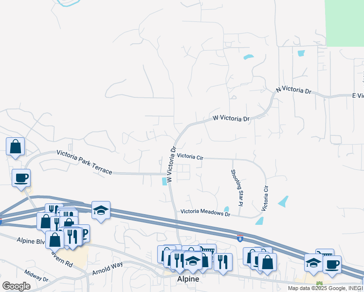 map of restaurants, bars, coffee shops, grocery stores, and more near Victoria Knolls Drive in Alpine