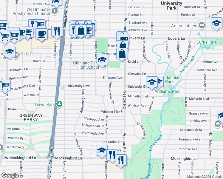 map of restaurants, bars, coffee shops, grocery stores, and more near 6422 Westchester Drive in Dallas