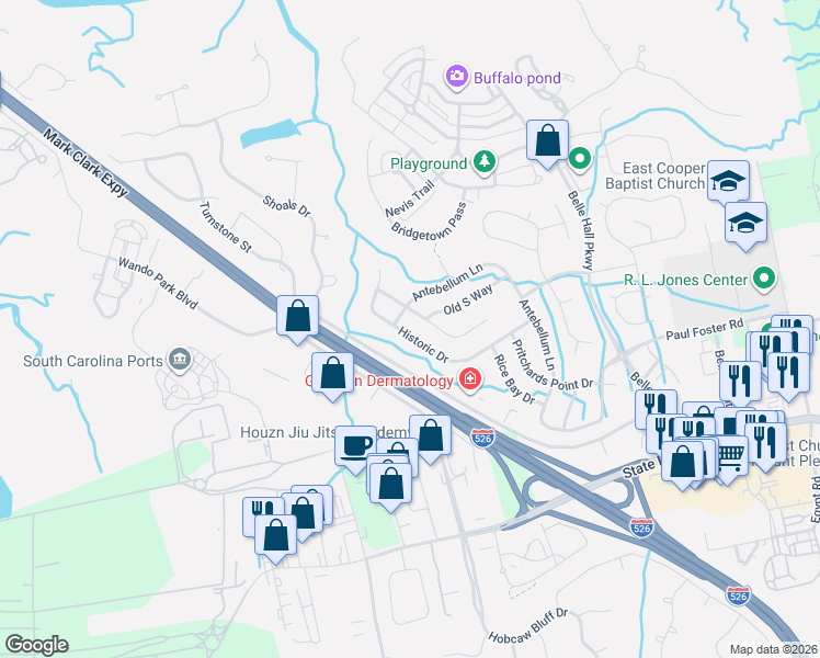 map of restaurants, bars, coffee shops, grocery stores, and more near 123 Revolution Drive in Mount Pleasant